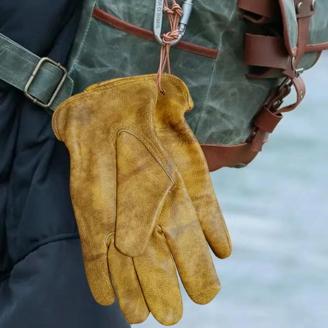 OLSON DEEPAK Mens Cowhide Leather Work Gloves Large,Oiled Leather Gardening Gloves Womens,Utility Safety Working Gloves for Campinging/Welding/Driving/BBQ/Bushcraft,Retro Motorbike