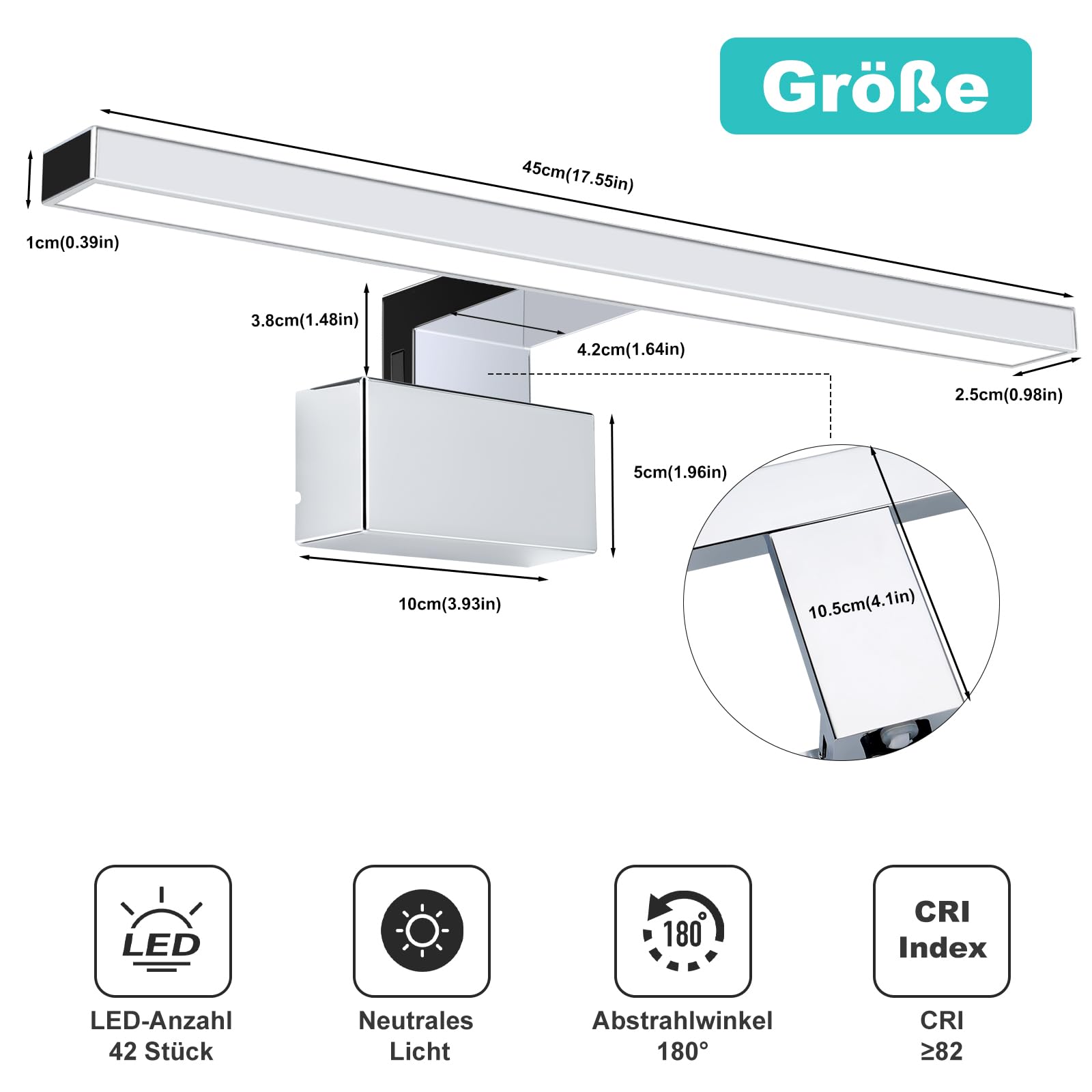 42 LED Chromé Lampe Miroir Salle de Bain, 8W 45CM 480LM ABS Lampe Miroir Étanche, Lumiere Murale Maquillage Salle de Bain 4000K IP44 Vanité Éclairage