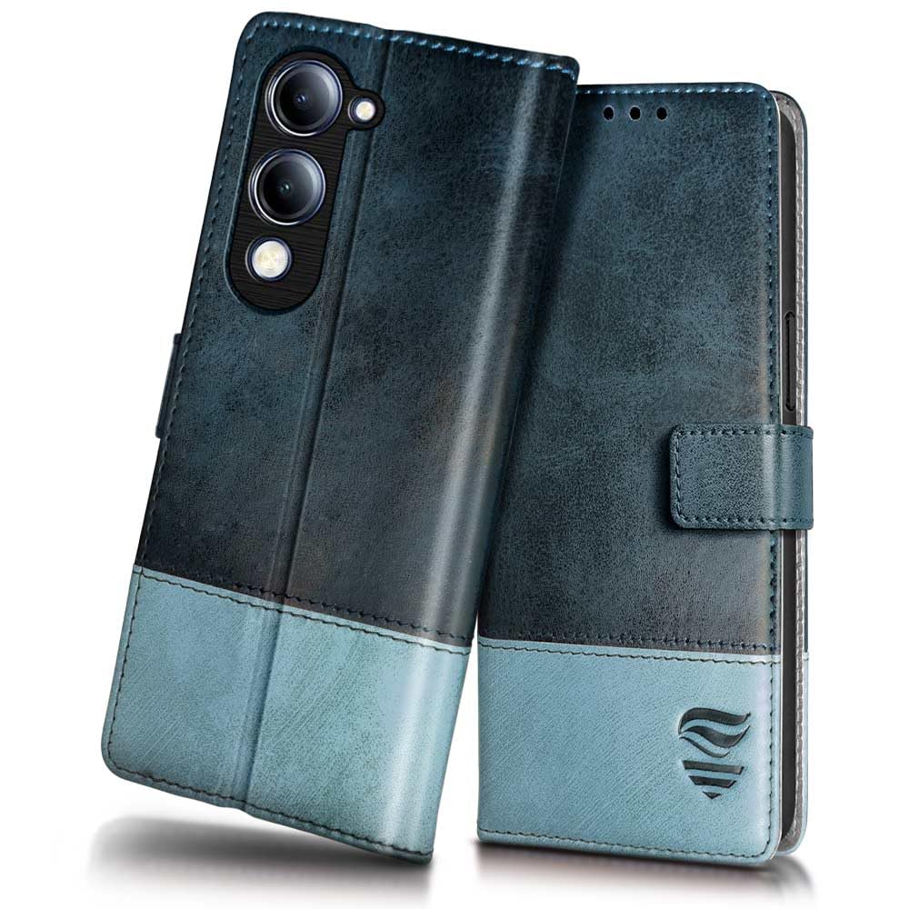 FLIPPED Vegan Leather Flip Case Back Cover for Vivo T4 lite 5G | iQOO Z10 lite 5G | Y04 4G | Y19 5G | Y19e (Shockproof | Stitched Leather Finish | Card Pockets Wallet & Stand | Blue with Aquamarine)