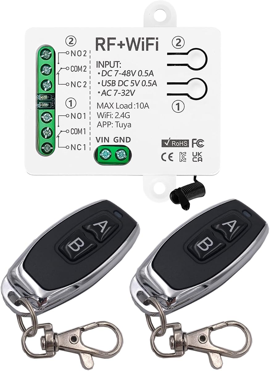 DieseRC Tuya 2 Channels WiFi Smart Switch, DC 5V 12V 24V 36V Passive Output Relay Module, with 2 pcs RF Remote Control, Compatible with Alexa/Google Home