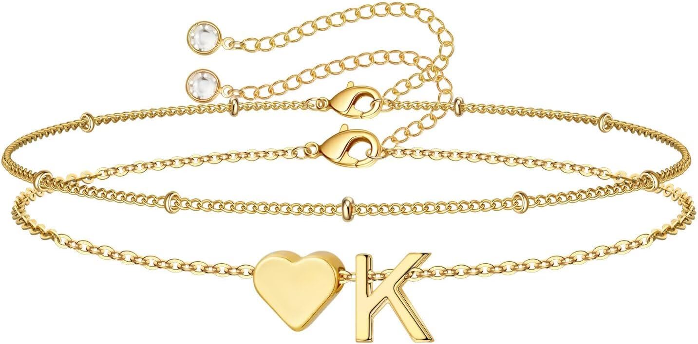M MOOHAM Valentines Day Gifts for Kids Teen Girls -14K-Gold-Plated Heart Initial A-Z Bracelets for Women Girl Dainty Gold Bracelets Birthday Valentines Gifts for Women Her Teenage Girls Kid Teen Gift