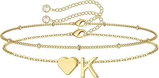 M MOOHAM Easter Basket Stuffers Gifts for Kids Teens Girls - 14K-Gold-Plated Heart Initial A-Z Bracelets for Women Girl Dainty Gold Bracelets Birthday Easter Gifts for Women Teenage Girls Kids Teens