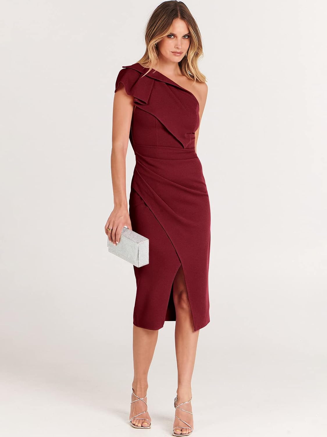 Caracilia Women One Shoulder Midi Dress Sleeveless Elegant Cocktail Ruffle Wrap Ruched Bodycon Formal Wedding Guest Dresses Wine Red Small - Image 5