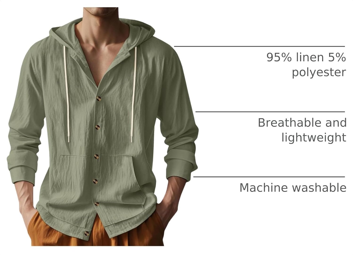 Mens Linen Long Sleeve Button Down Shirts with Pockets Casual Hawaiian Beach Shirts Lightweight Fashion Hoodies image 4