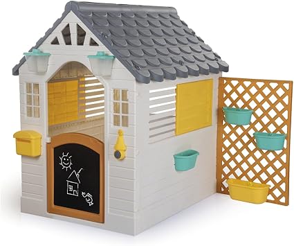 Dolu Garden Playhouse with Fence - White-Grey-Yellow - Outdoor-Indoor Toy, Chalkboard Door, Durable Charming Design, Easy Assembly, Kids-Toddlers 2+