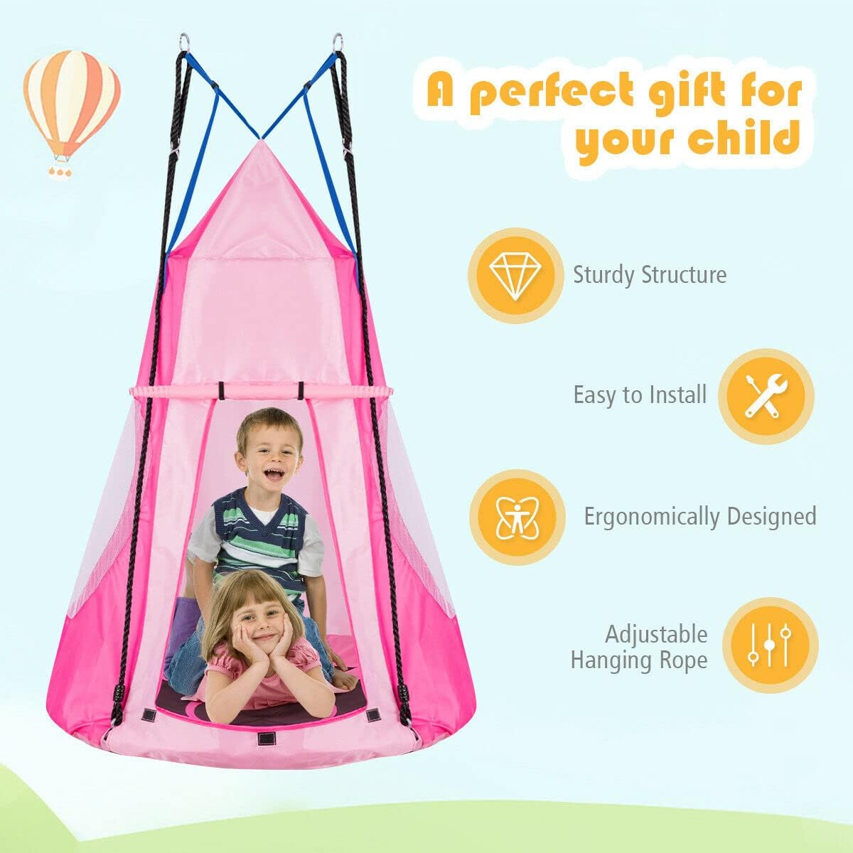 2-in-1 Kids Hanging Hammock Chair, Swing Tent Seat for Indoor Outdoor Bedroom Use, Perfect for Children, Adults, Support 330lbs (Pink)