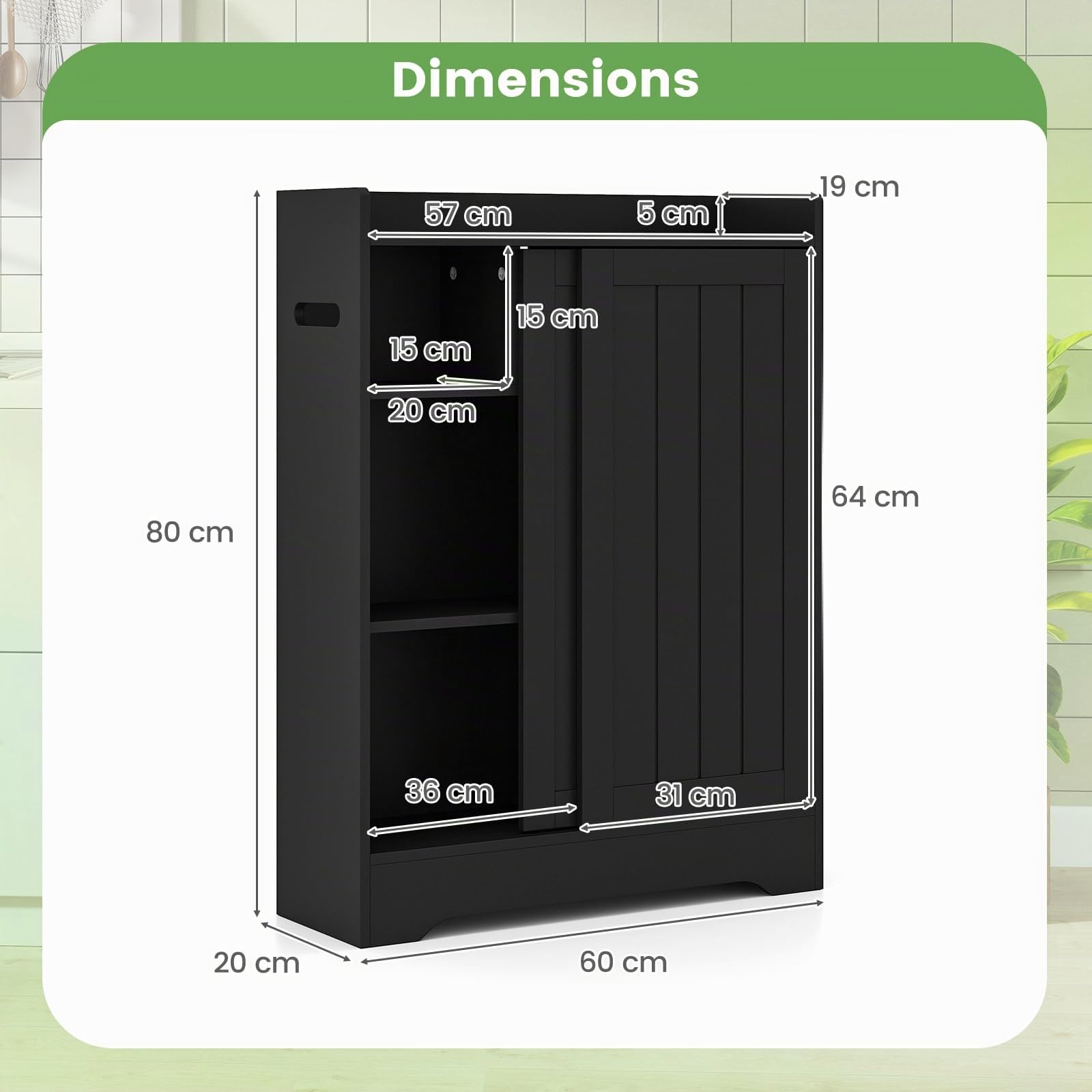 COSTWAY Meuble Salle de Bain, Armoire de Rangement avec 2 Porte-Papier Toilette, Portes Coulissantes, pour Brosse WC, Étagères Réglables, Placard, pour Petits Espaces, 20 x 60 x 80 cm (Noir)