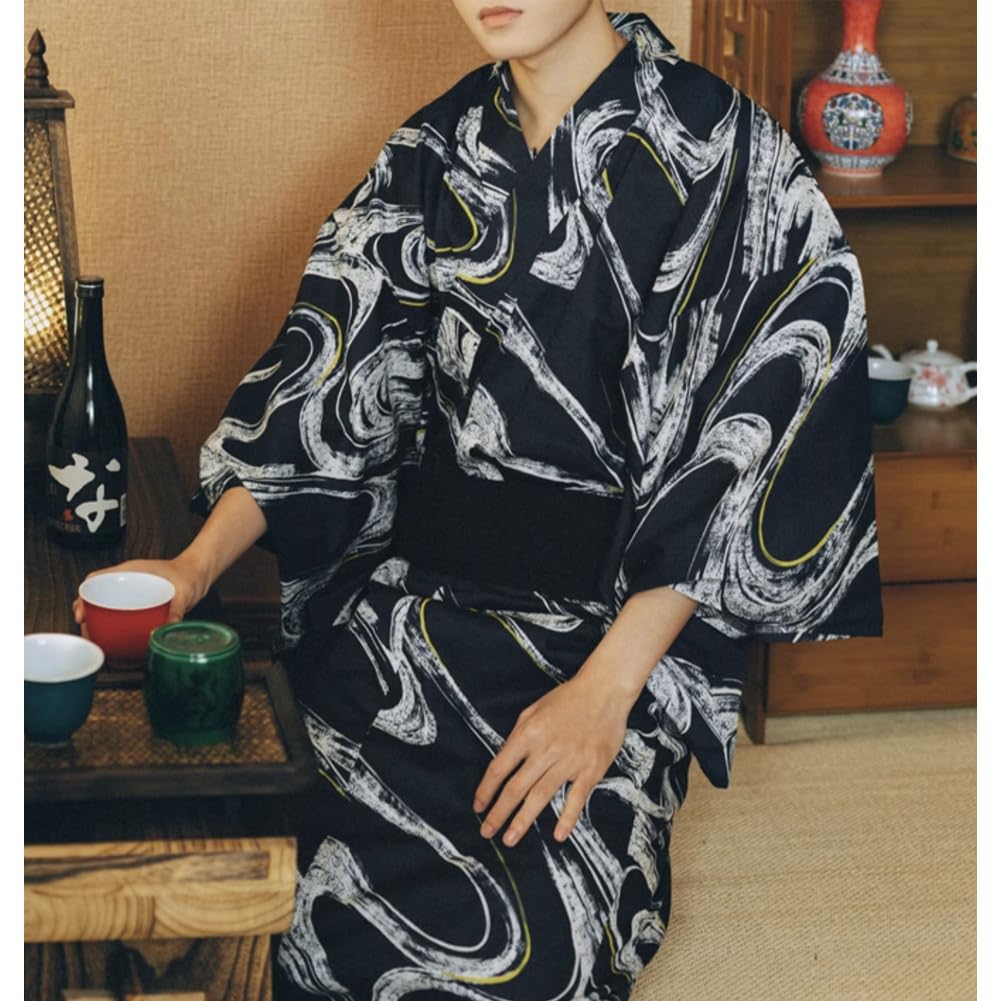 FANCYPUMPKIN Tradycyjne japońskie męskie kimono japońskie fajerwerki festiwal Yukata jeden rozmiar-A18, Wielokolorowy-32, L