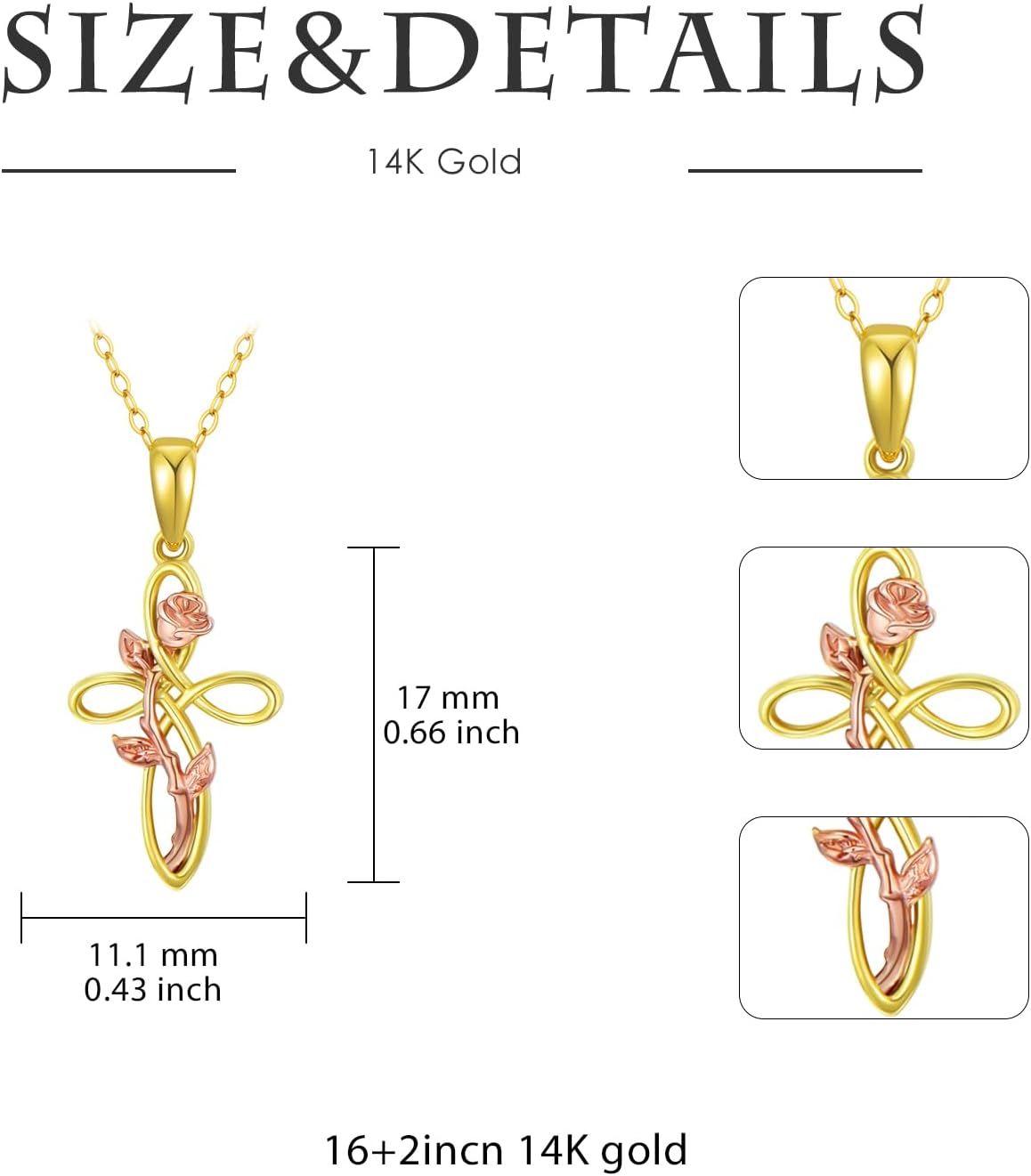 SISGEM 14K Real Gold Celtic Cross Knot Necklace for Women,Yellow Gold Rose Flower Pendant Cross Necklaces Christmas Birthday Gifts for Mom Wife 16''- 18"