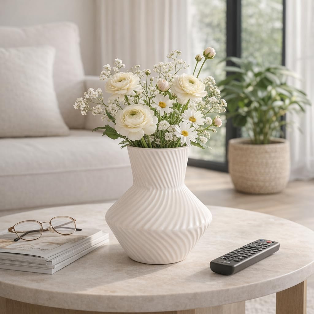 Modern Ribbed Hourglass Shaped Vase for Living Room Decor - Ceramic Flower Vase for Home, Bathroom, Bedroom Vanity, and Kitchen Counter - Sleek Stoneware Accent for Table or Office Display - 8", White