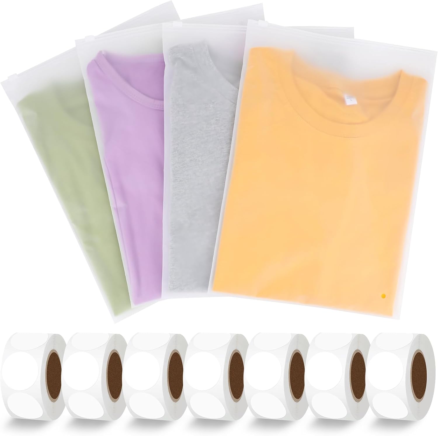 Frosted Zipper Bags for Clothes with White Circle Stickers, 100pcs 10x13 inch Clothing Bags for Shirts Packaging, Swimsuit Bikini Bathing Suit Organizer, 3500pcs White Dot Stickers 1 inch