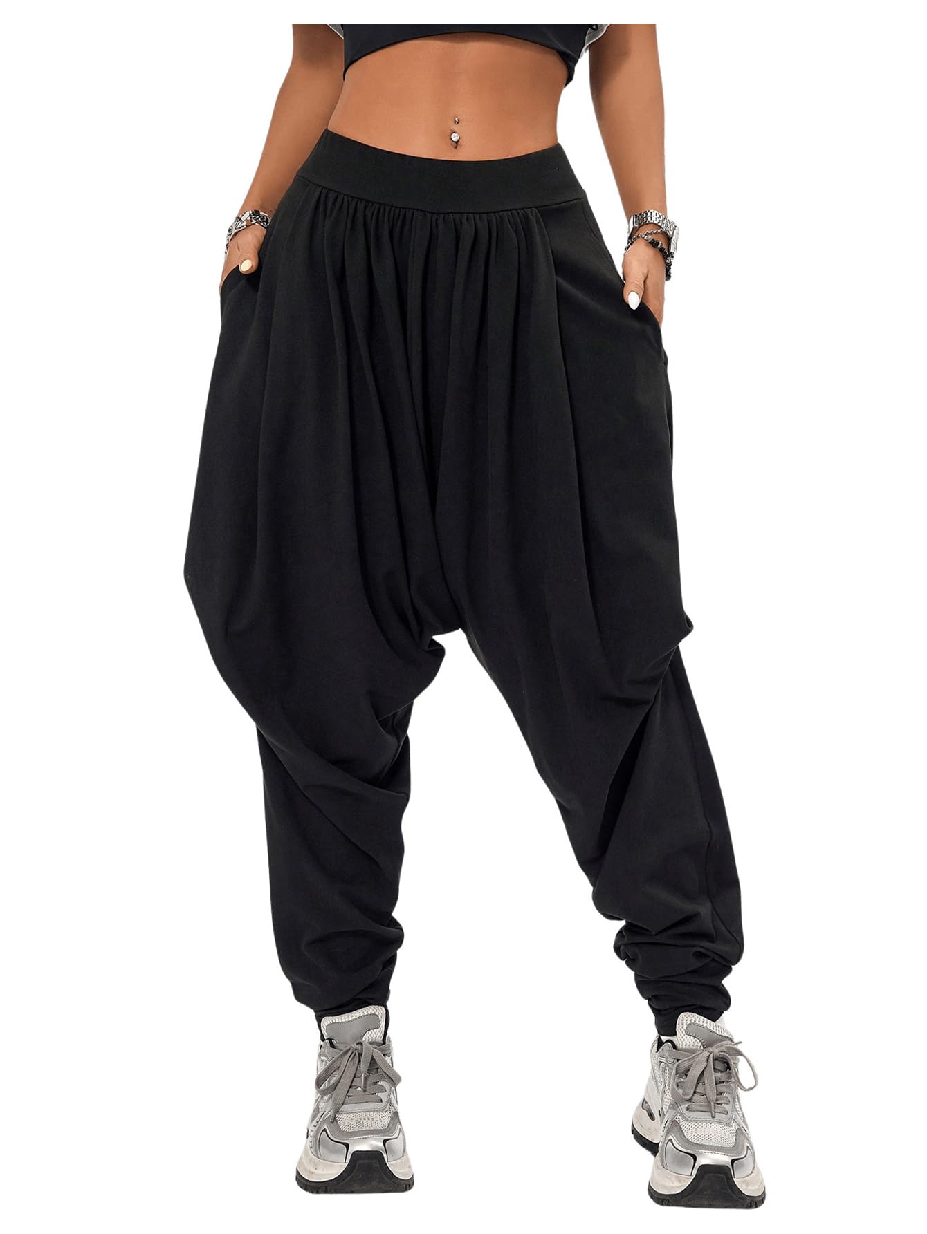 Verdusa Womens Hippie Baggy Harem Pants Elastic Waist Drop Crotch Trousers with Pockets