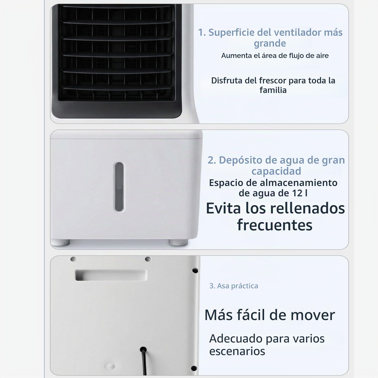 Aire Acondicionado Portátil 12L Enfriador de Aire sin Tubo 3 Modos 3 Velocidades Oscillazione 60º 4 ruote multidirezionali‌ Climatizador Evaporativo Silencioso Ventilador para Hogar Oficina