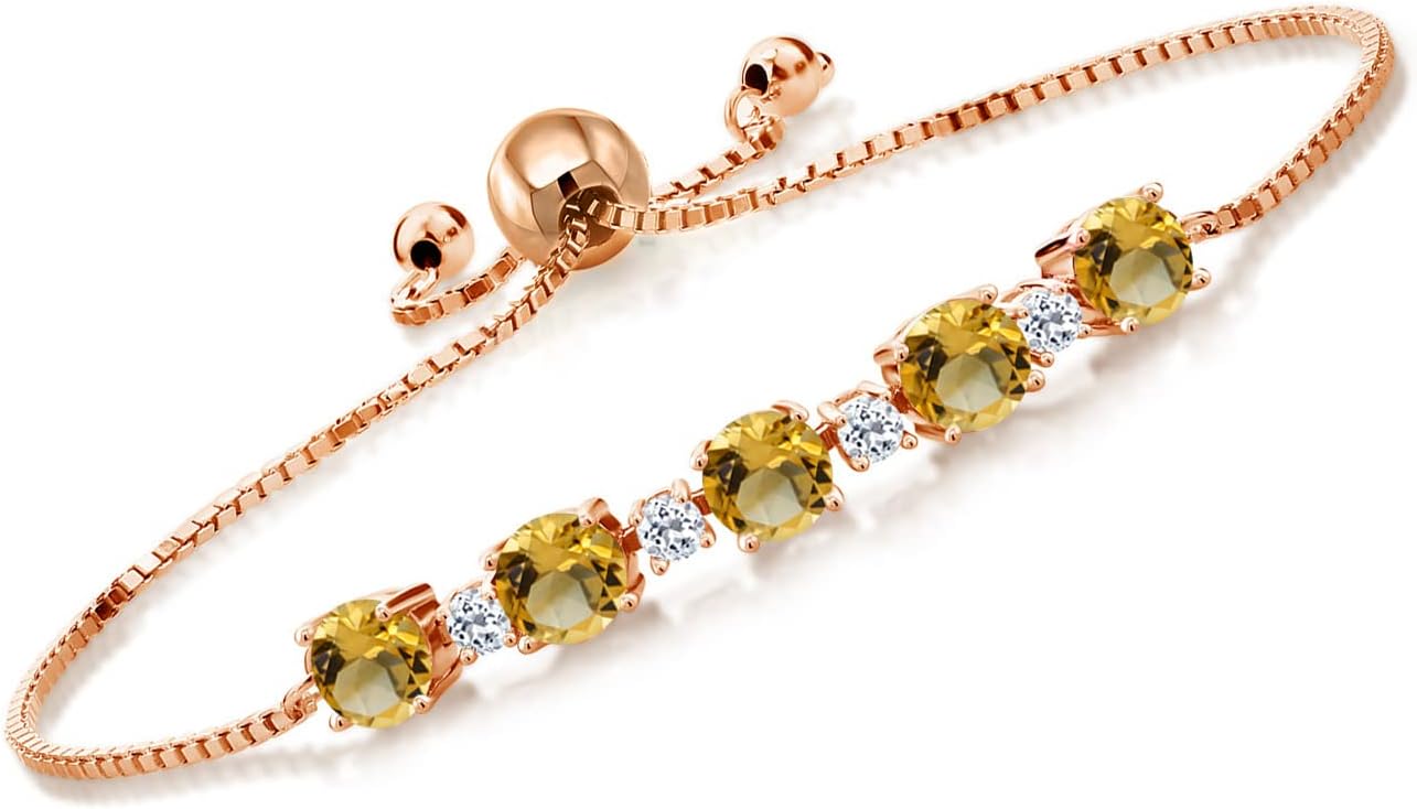 Gem Stone King 18K Rose Gold Plated Silver Gemstone Birthstone and White Topaz Adjustable Bolo Tennis Bracelet for Women | Round 5MM & 2.5MM | Easy-On Easy-Off | Fully Adjustable Up to 9 Inch