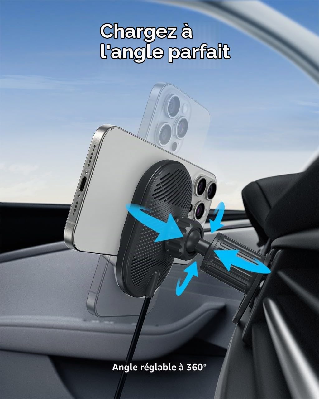 Anker Chargeur Magsafe Allume-Cigare à Induction 15W, Chargeur pour Automobile Rapide, Angle Ajustable 360° et Magnet Puissant, Support téléphone, pour iPhone séries 16/15(câble et Adaptateur Inclus)