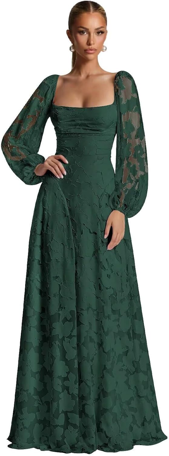 Long Sleeve Lace Bridesmaid Dress Elegant A Line Wedding Guest Dress Long Square Neck Cocktail Party Dresses for Women