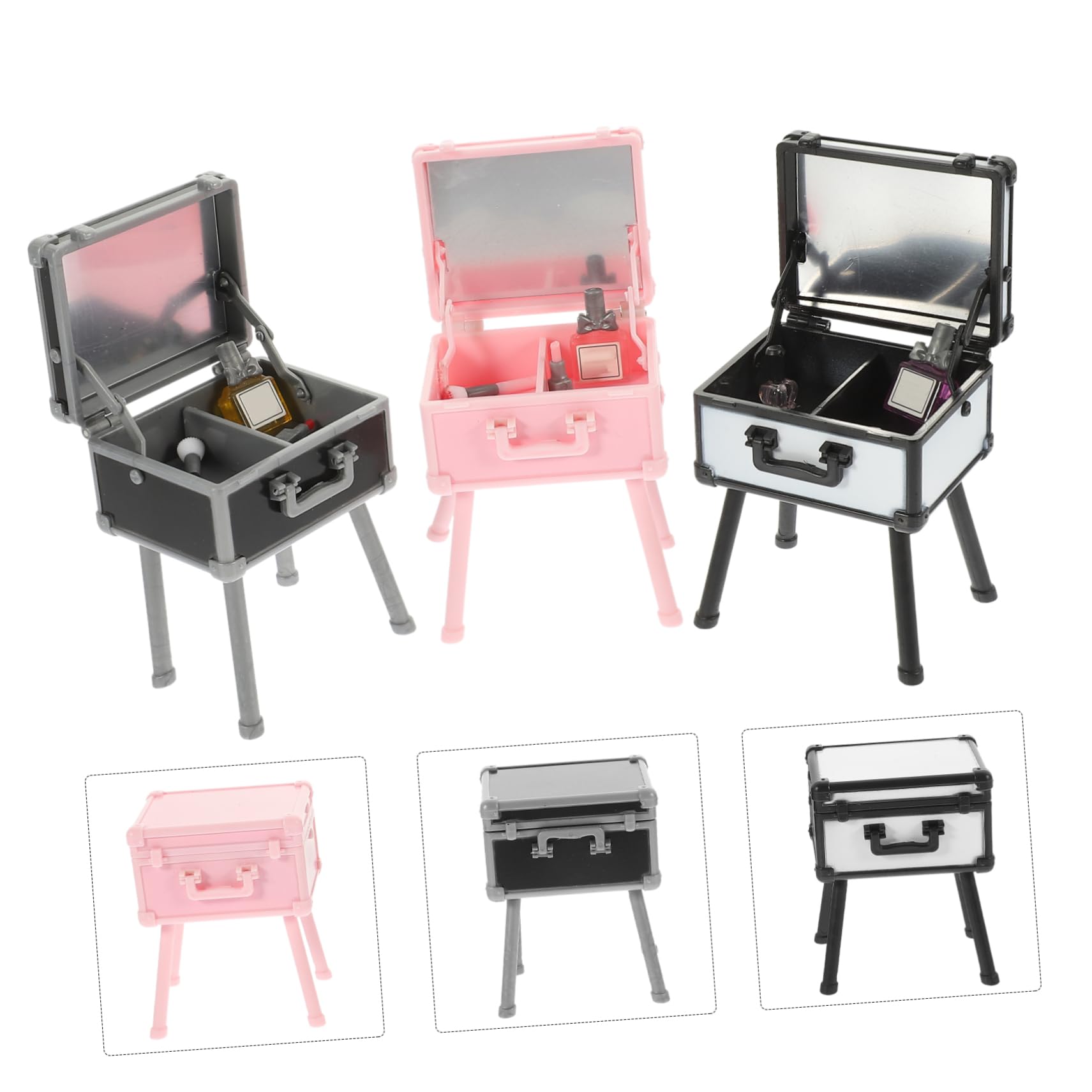 3 Stück Miniatur Schminkbox aus Kunststoff mit Realistischem Design Nicht Verformbar als Dekoratives Puppenhaus Accessoire und Foto Requisite Geeignet
