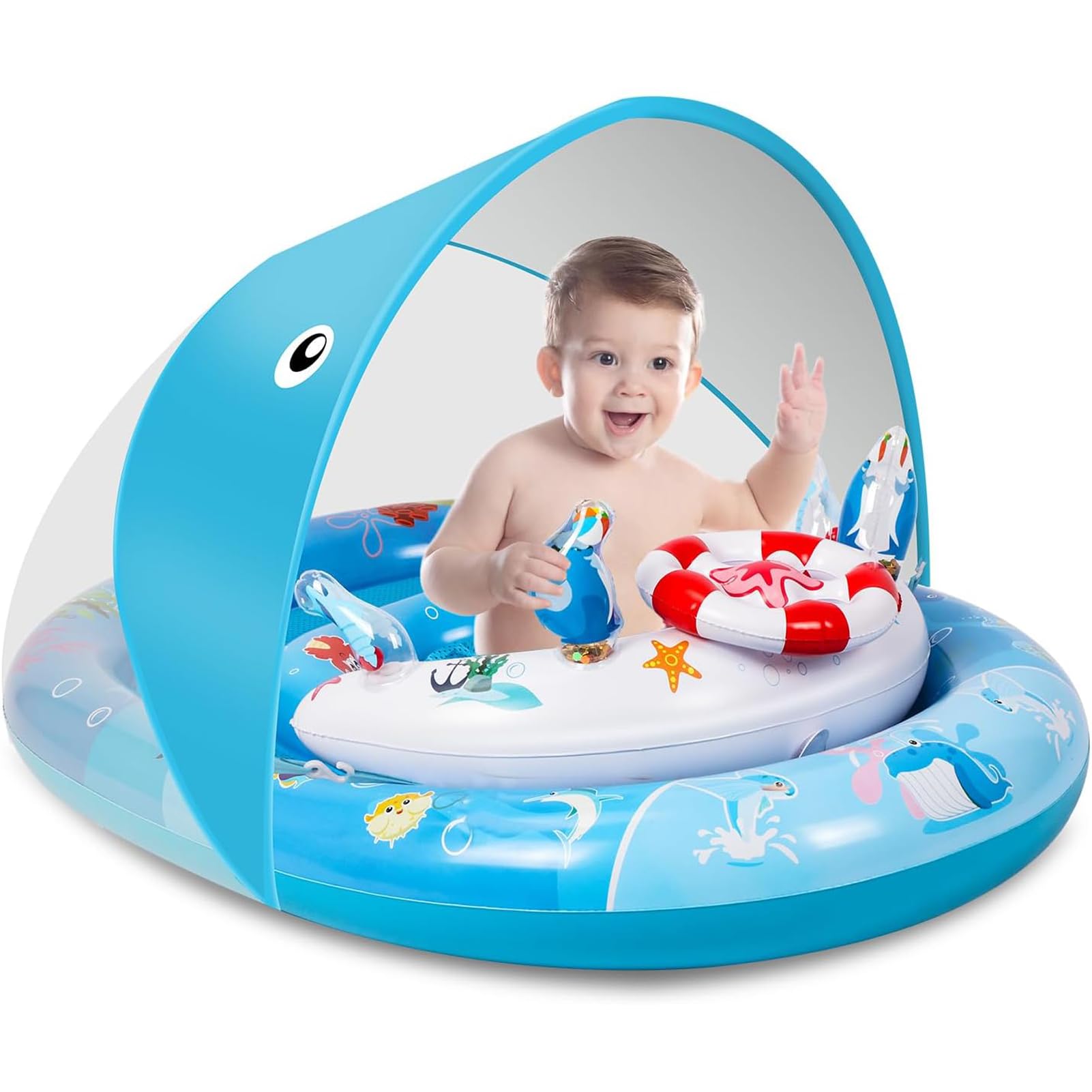 ACELIFE Schwimmring Baby, Float Aufblasbare Schwimmreifen Baby mit UPF50+ Sonnenschutz und Verstellbarer Sicherheitssitz Pool Schwimmer für Kleinkinder 6-36 Monate