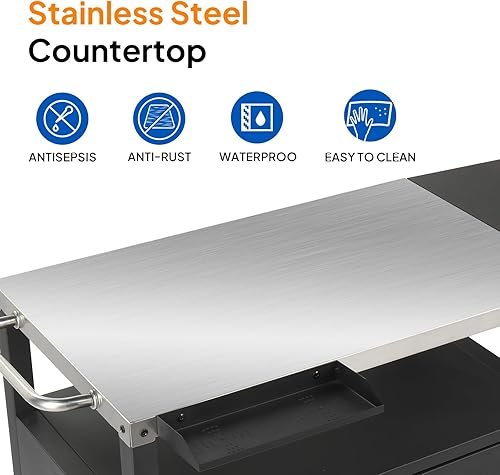 Miniatura 3 de ROVSUN Carrito de parrilla gourmet con almacenamiento, mesa de parrilla móvil con ruedas, ganchos y estante para especias, parte superior de acero