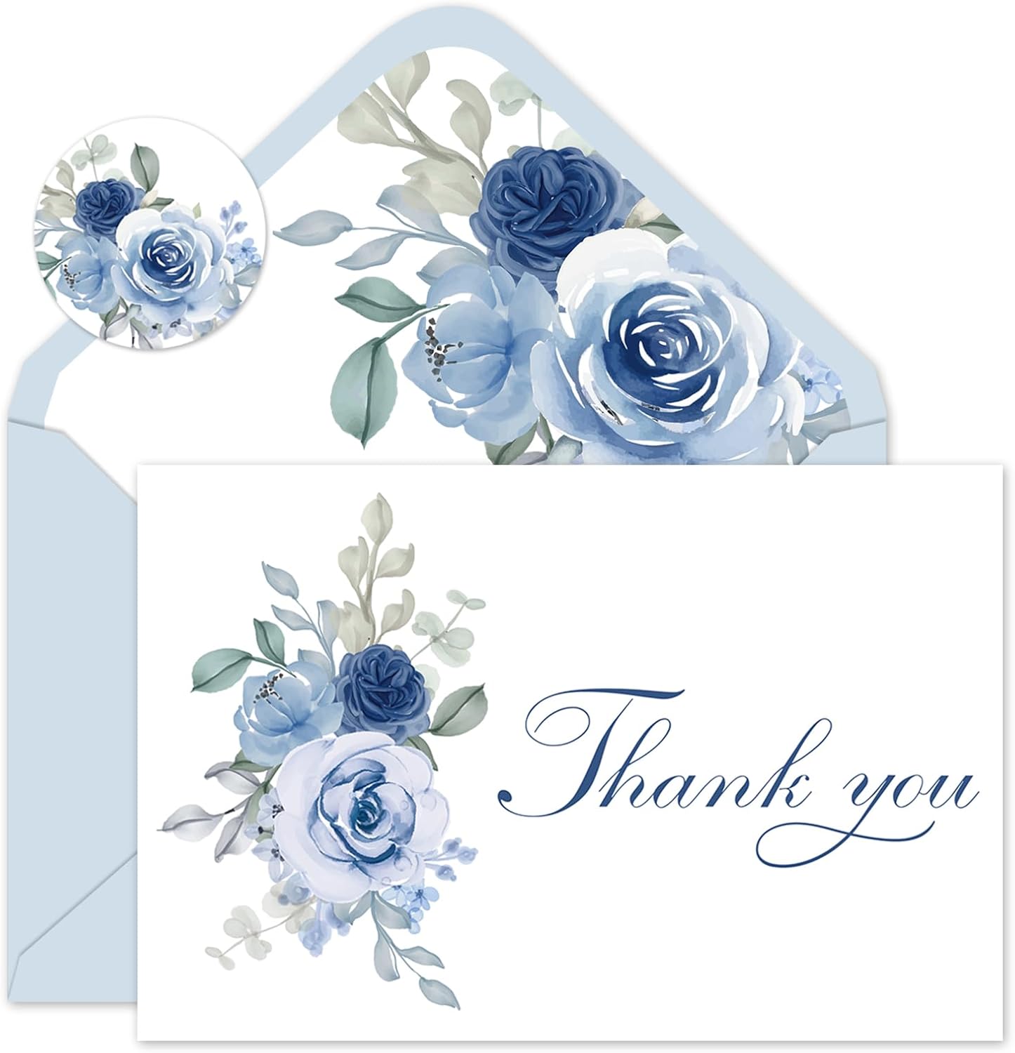 JarThenaAMCS 50 Pack Dusty Blue Floral Thank You Cards Watercolor Blue Roses Greeting Cards With Envelopes Stickers Blank Note Cards for Birthday Wedding