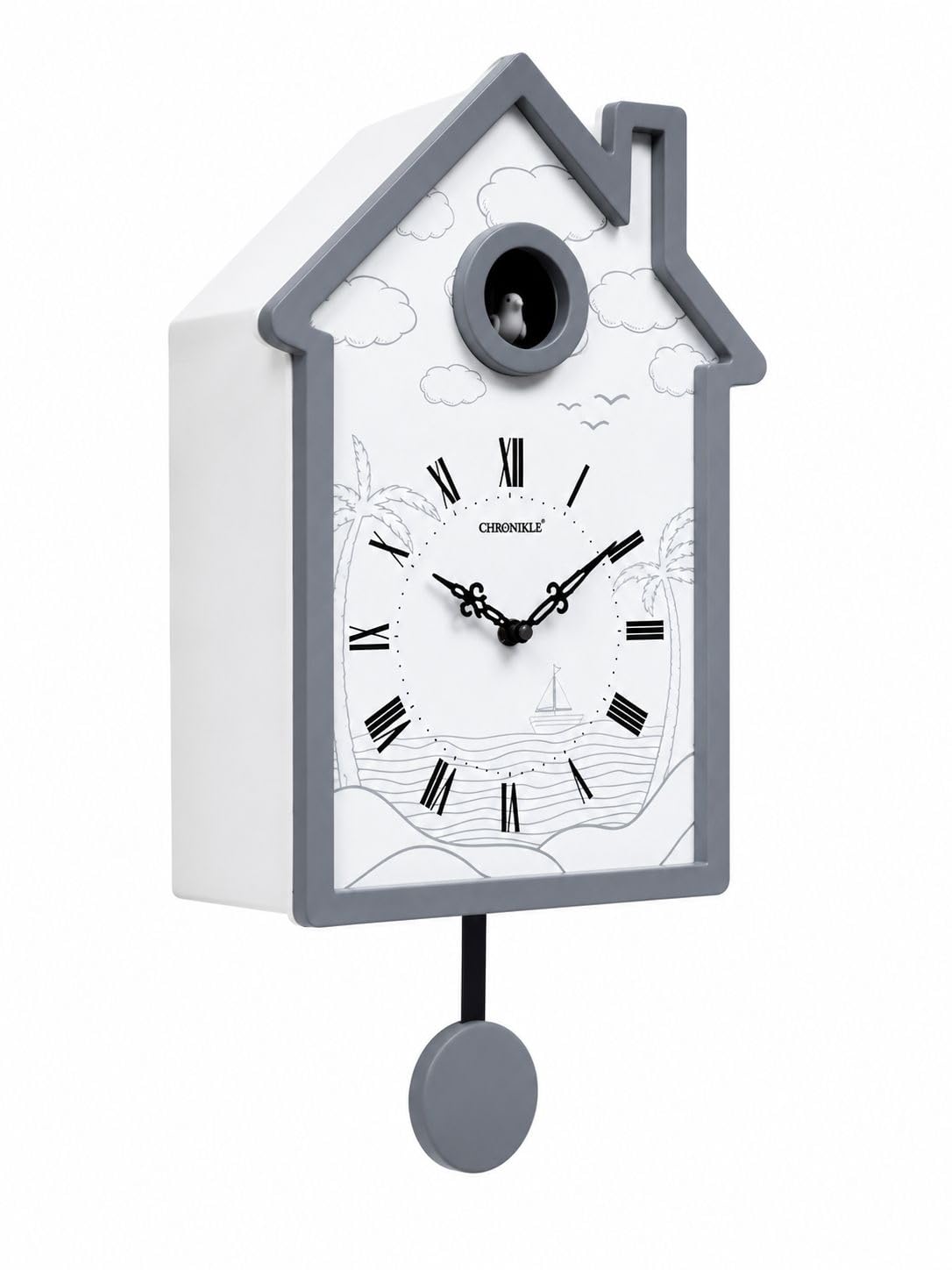CHRONIKLE Modern Stylish Non Ticking Silent Analog Hut Shape Wooden Cuckoo Wall Clock for Home, Living Room, Bedroom, Office, and Kitchen (White) (18 x 10 Inch : Weight - 2350 Grm) 2