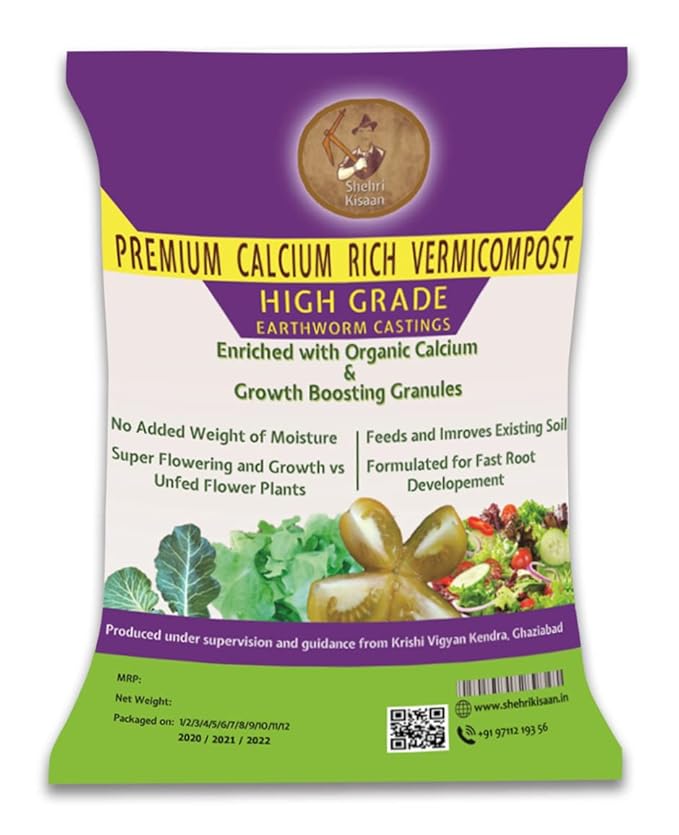 Shehri Kisaan Calcium Rich Vermicompost 1kg pack (960-990 grams product) | High Grade Earthworm Castings | Complete Plant Food | Enriched with Organic Growth Booster Granules | Mix Vermicompost with Cocopeat | Natural Manure Enriched Plant Feed for Indoor Outdoor Gardening | Organic NPK Substitute with Calcium Enriched Vermi Compost Manure for Home Plants