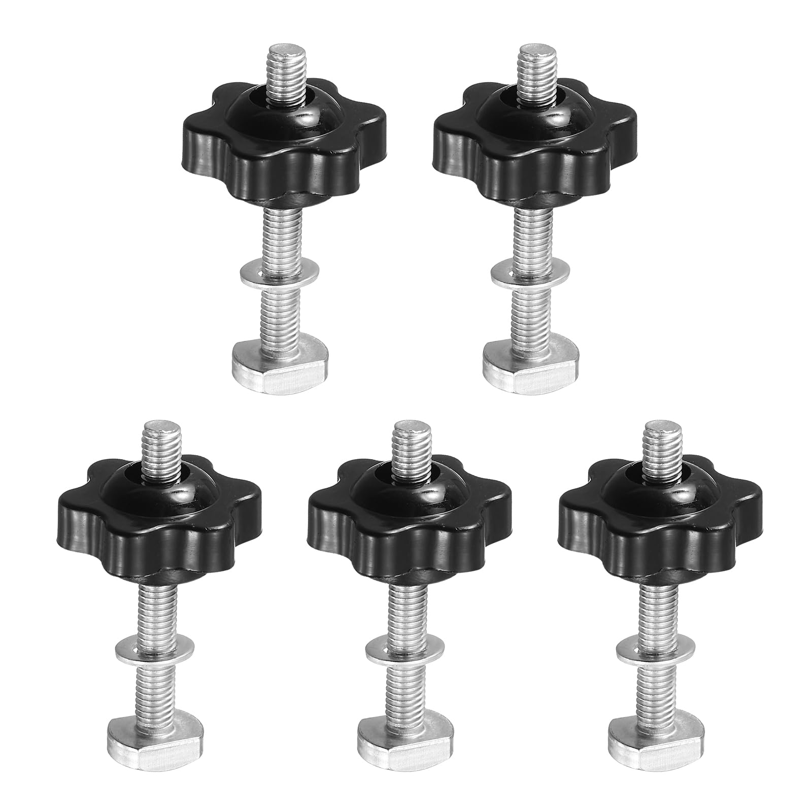 PATIKIL t Track Bolts Knob Kit, 5 Set M5 x 40mm x 25mm Threaded Bolts with Washers and 6-Star Knobs Nuts t Track Accessories for Woodworking Jigs and Fixtures, Silver Black