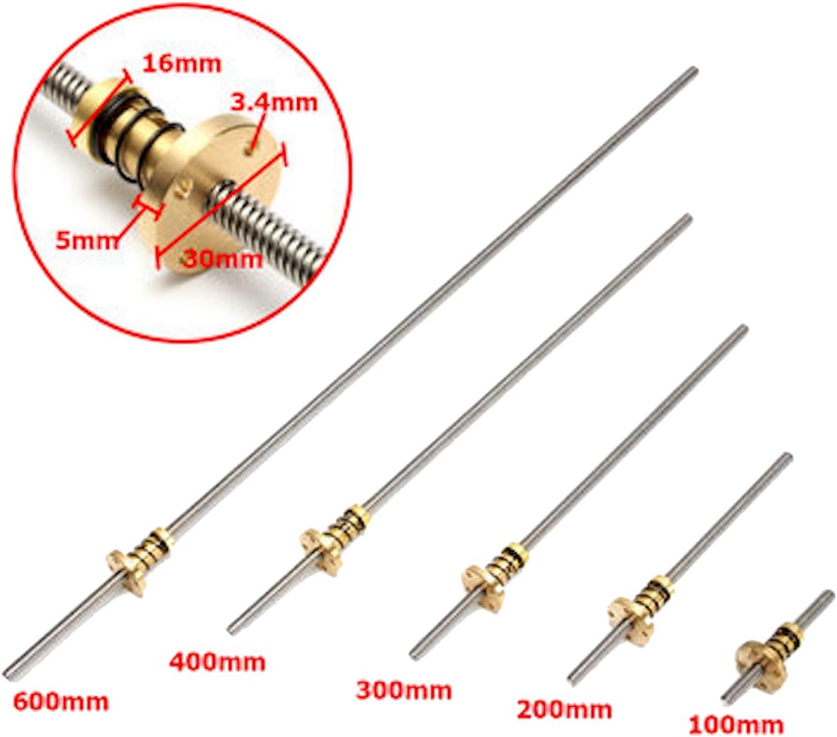TSKTECH T8 300/400 / 500 MM Trapezoidal 8MM Lead Screw (THSL) With Anti Backlash Nut For CNC 3D Printer (Lead 8MM Pitch 2MM Dia 8MM) (300MM)