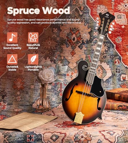 Image of Vangoa F-Style Mandolins Instrument 29-Fret, 8 String Acoustic Mandolin With Protective Plate, for Beginner Adults, Sunburst