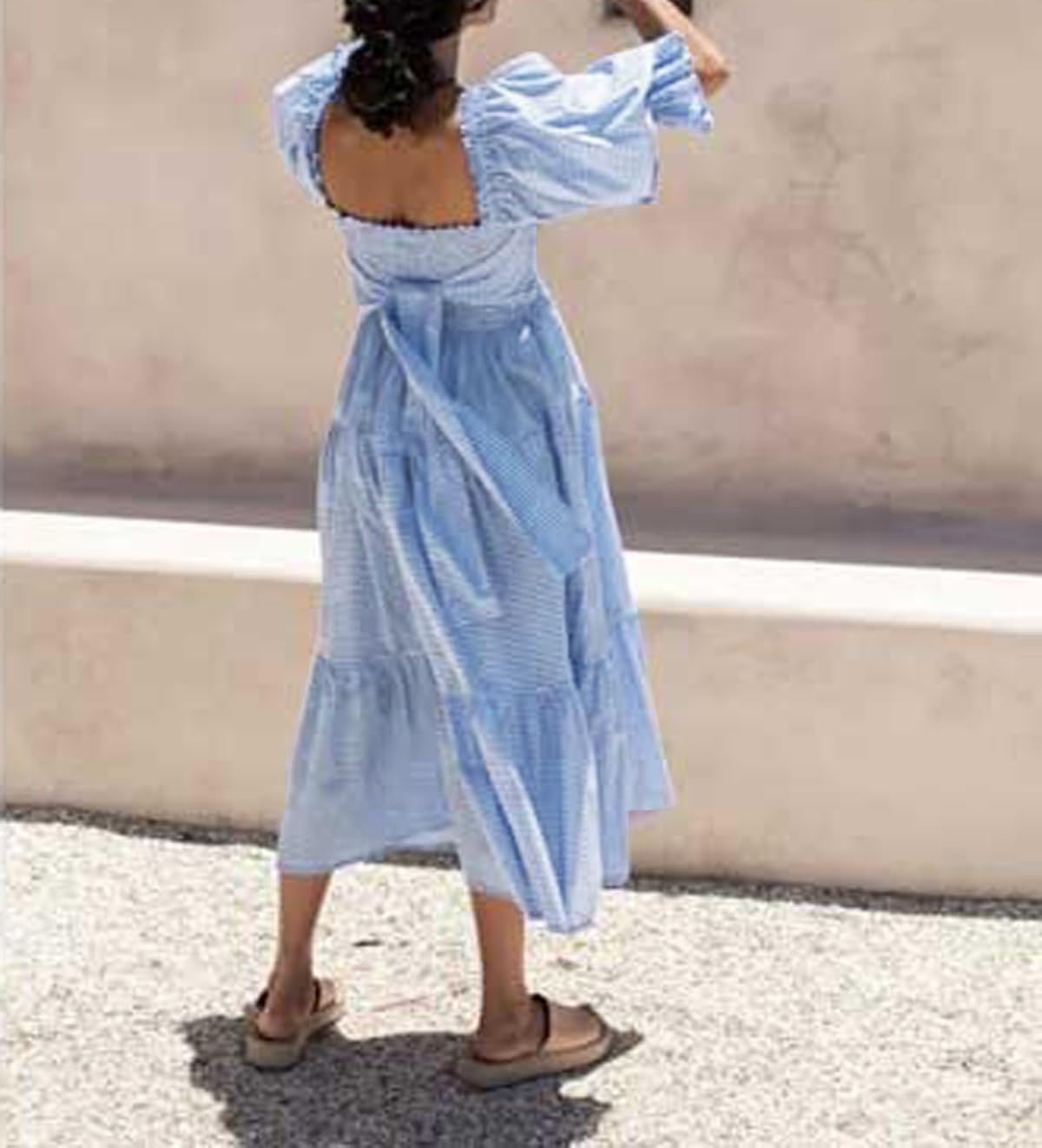 R.Vivimos Estate delle Donne Boho Manica Lunga Cravatta Vita Quadrata Collare Abito Midi con Volant Elegante Vestito Casual per Le Vacanze