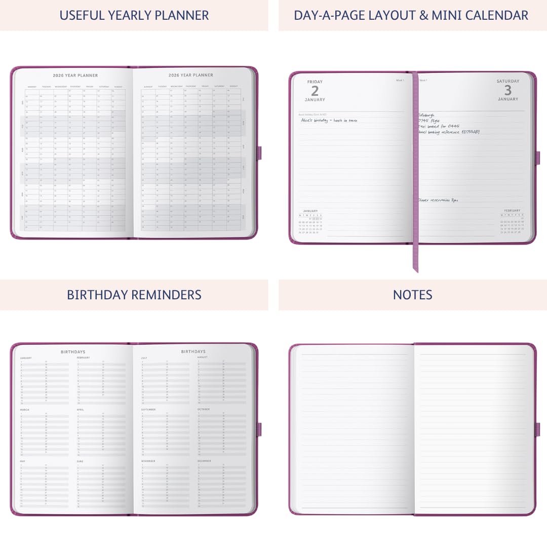 Busy B - Agenda 2026 Jour Par Page - Format A5 - Planificateur étudiant/pro - Couverture Fuchsia Doré - Élastique