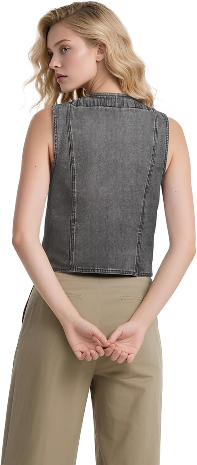 Women's Denim Sleeveless Casual Vest for women, Jean Vest Top, Light Wash, V Neck, Button Front with Dual Pockets - Image 5