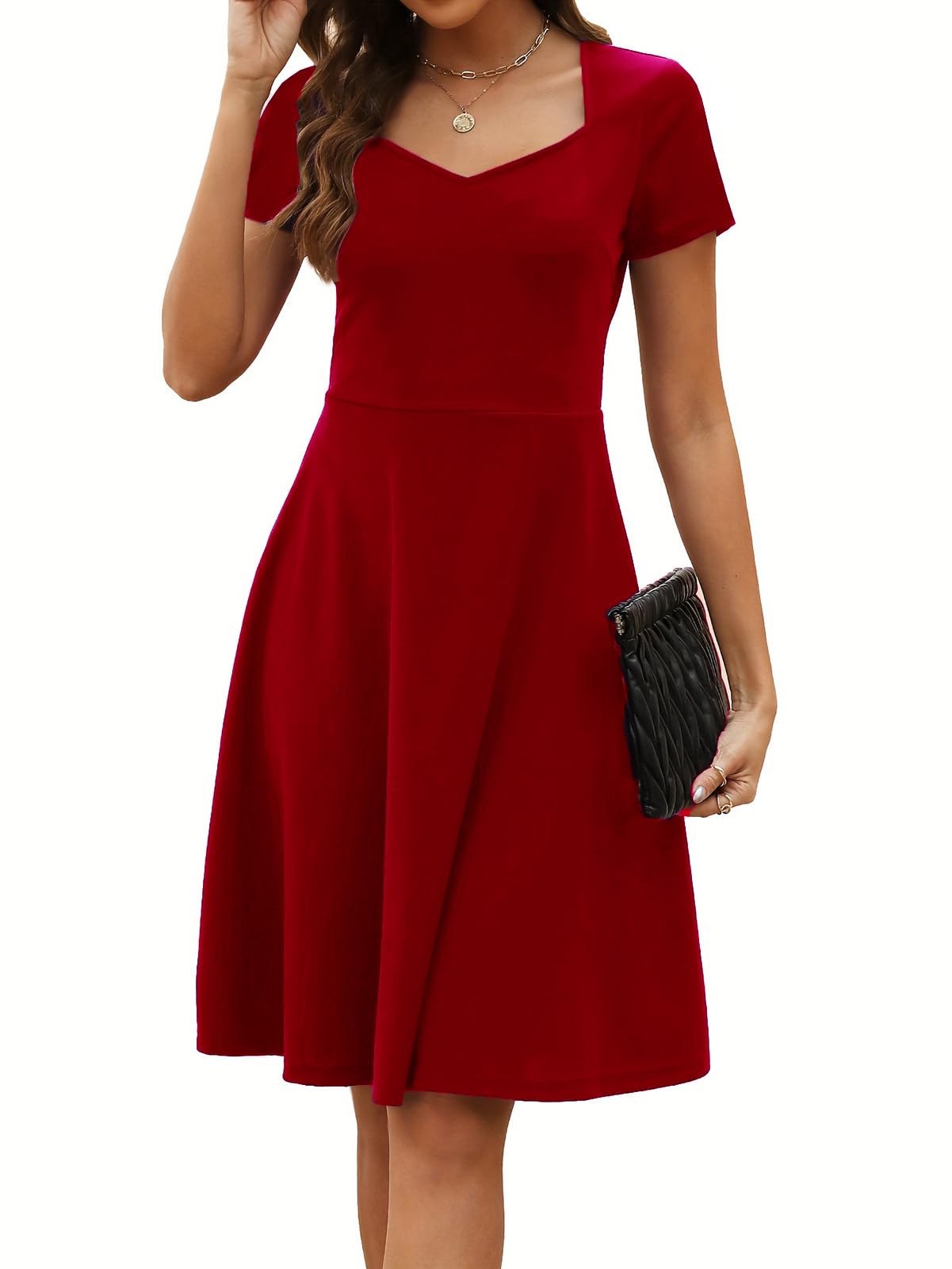 Women's Elegant Vintage Summer Sweetheart Neck Short Sleeve Casual Work Party Business A-Line Dress 163