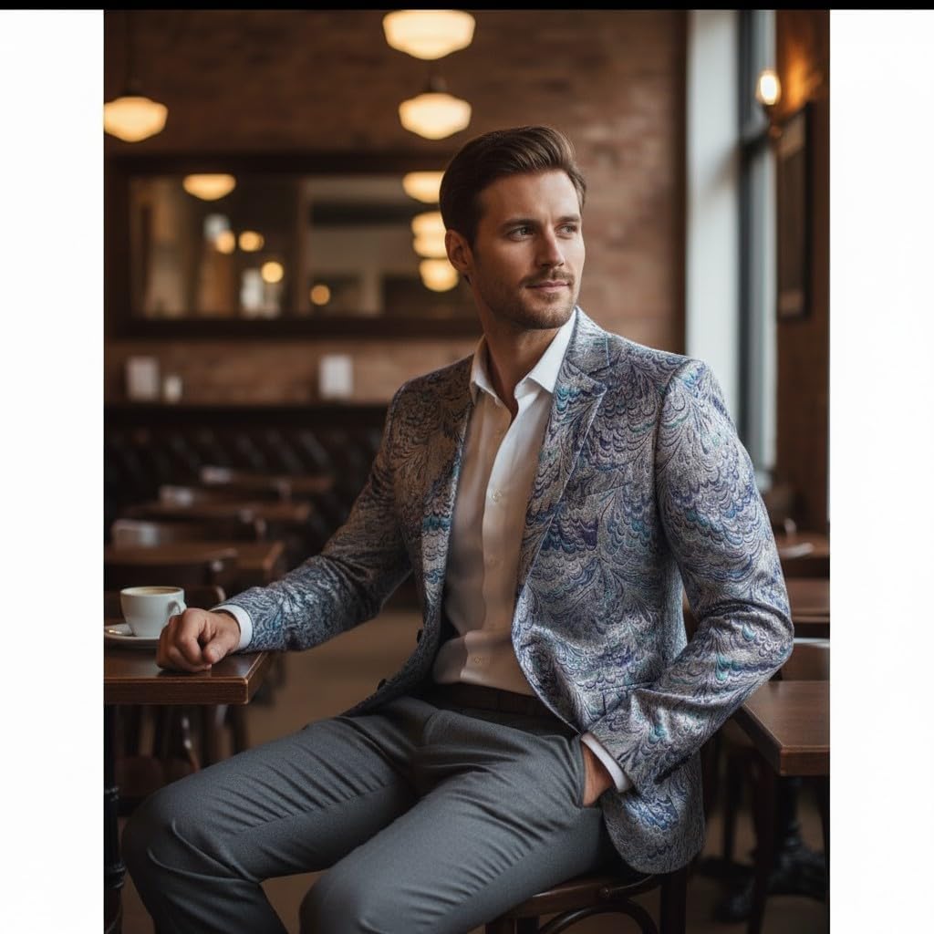 HBDesign 1 Piece 1 Button Printed Peacock Blue Pattern Mens Suits Jacket