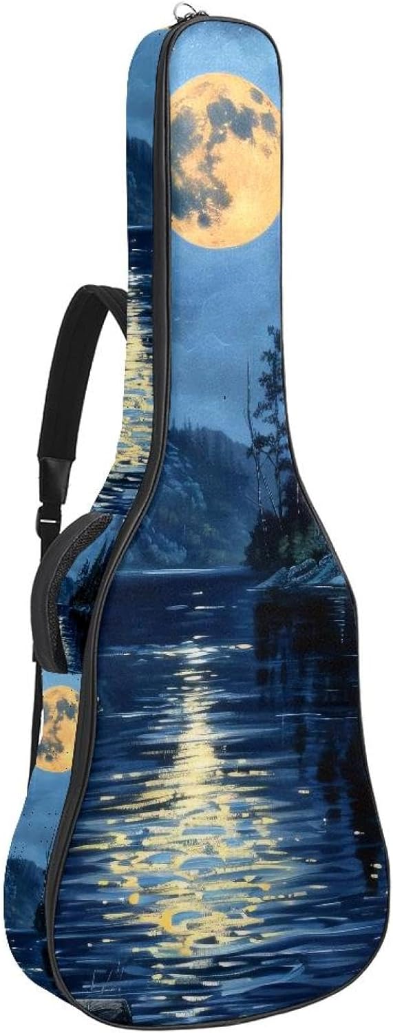 Natural Lake Moon Night Landscape Acoustic Guitar Gig Bag, 1 cm Thick Padding Waterproof Guitar Bag Backpack for 40 41 42 Inch Electric Bass Classical Guitars