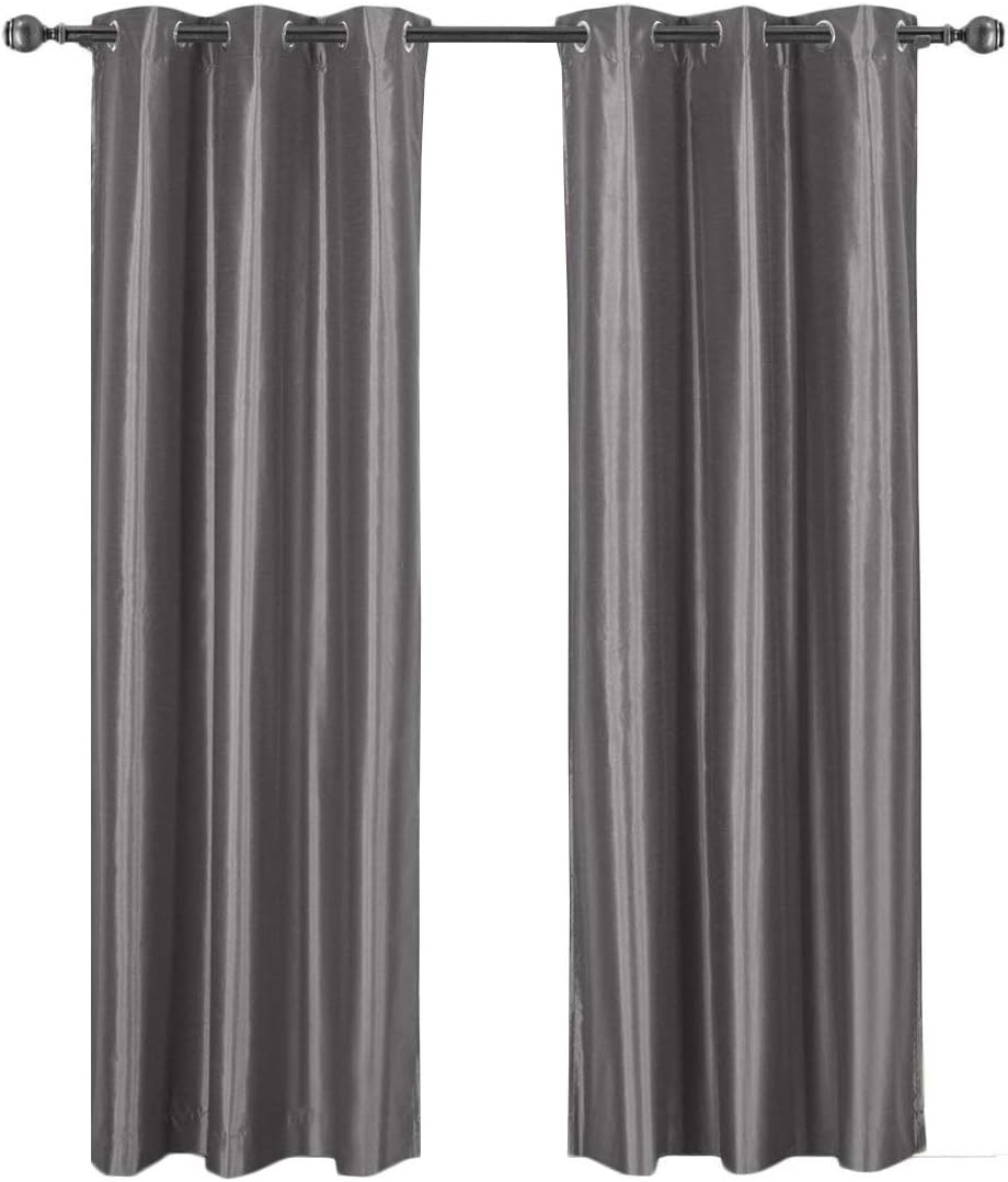 Royal Hotel Bedding Soho 100% Blackout Window Curtains Panels, Top Grommet Faux Silk Panels, Solid Curtains Set of 2, Pair, 63 Inches Long, Gray