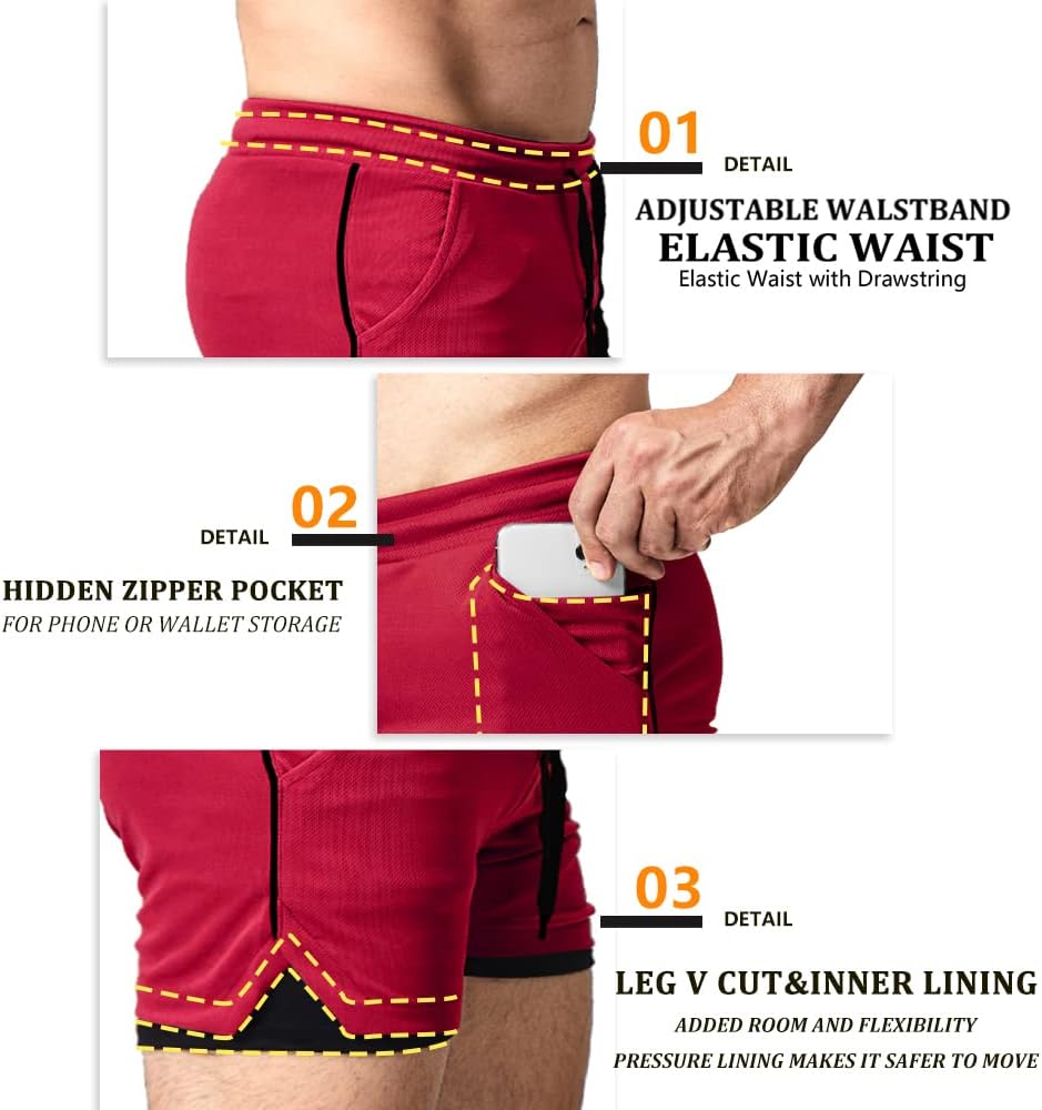 EVERWORTH Men's 2 in 1 Workout Shorts 5" Quick Dry Gym Shorts Bodybuilding Short Shorts Compression Shorts with Zipper Pocket - Image 5