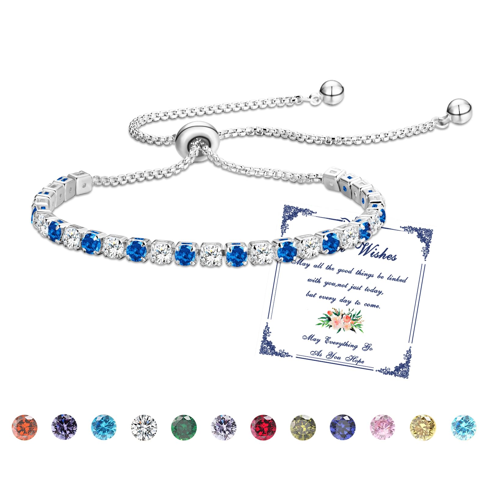 Esmoly Bracciale Donna Argento Bracciale Tennis con 12 Colori di Pietre Natali e 5A Sparkle Zircone Regolabile Regalo Compleanno Donna Ragazza