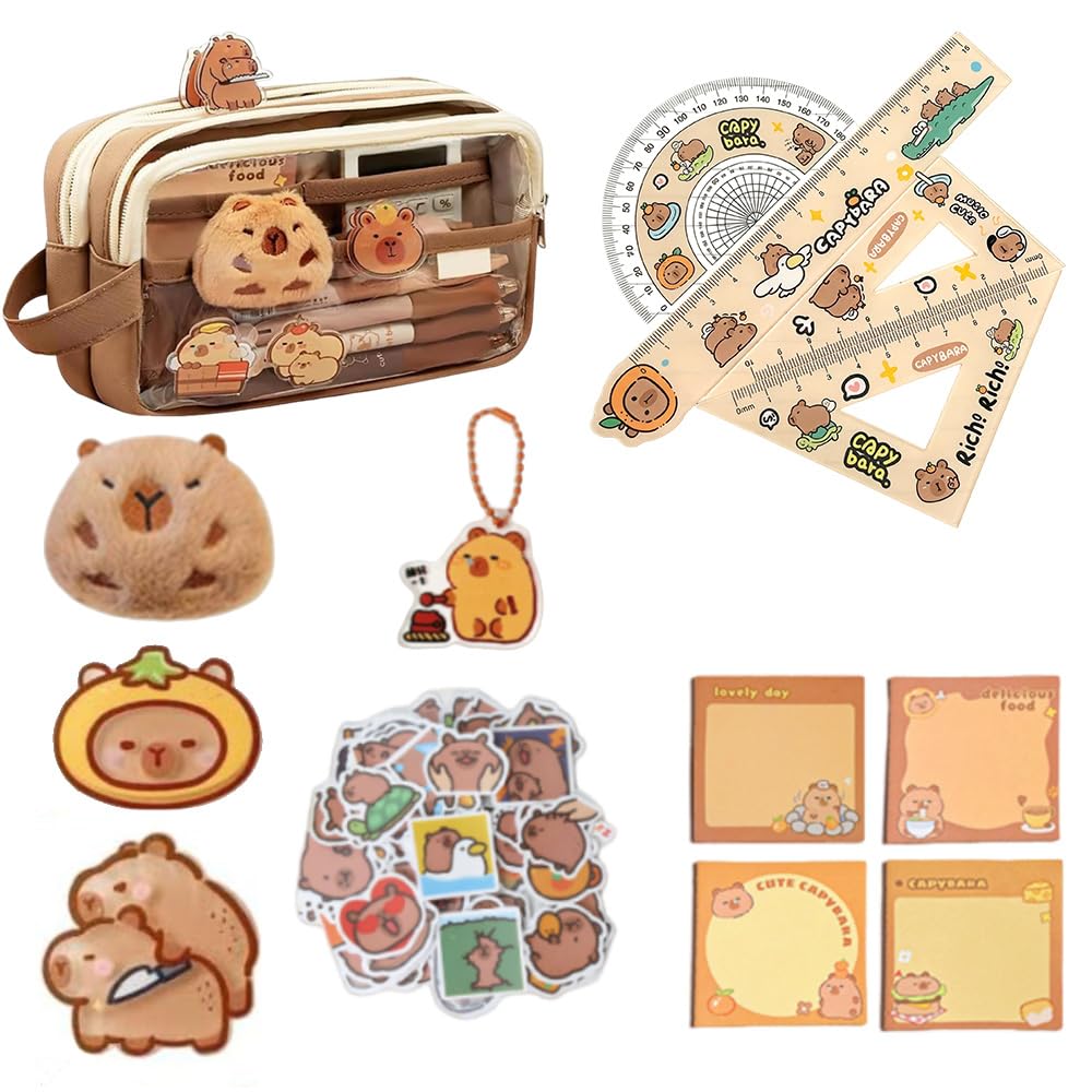 DXPETA Capybara Stationery Set, Complete Pencil Case with Compartments, Capybara Doll and Stickers, Multifunctional Organisation for School and Office Supplies, 30 Piece Capybara Themed Collection