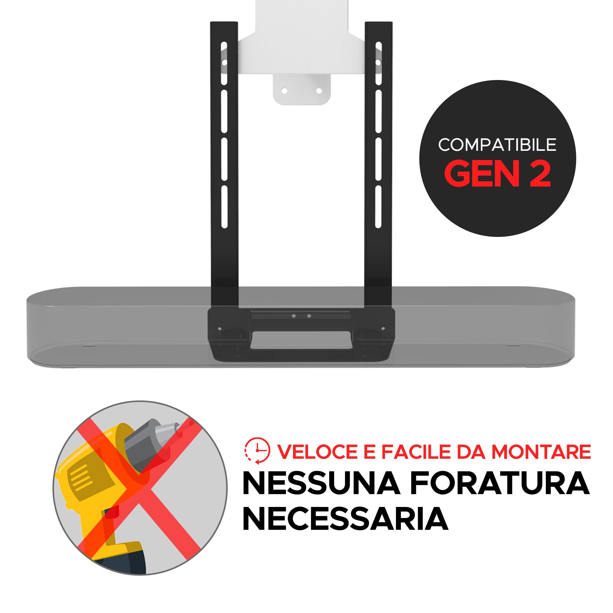 Sound bass Supporto TV per Soundbar Beam, Sotto il TV, Nero | Compatibile con Sonos Beam Soundbar Generazione 1 & 2, Staffa di Montaggio per Appendere al TV, Kit Hardware Completo Incluso