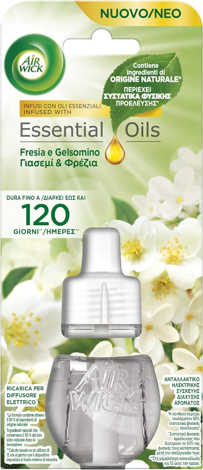 Airwick Ricariche per Diffusore Elettrico di Oli Essenziali, Confezione da 12 Ricariche di Profumatore per Ambienti Elettrico, 6 alla Fragranza di Fresia e Gelsomino, 6 Profumo di Primavera
