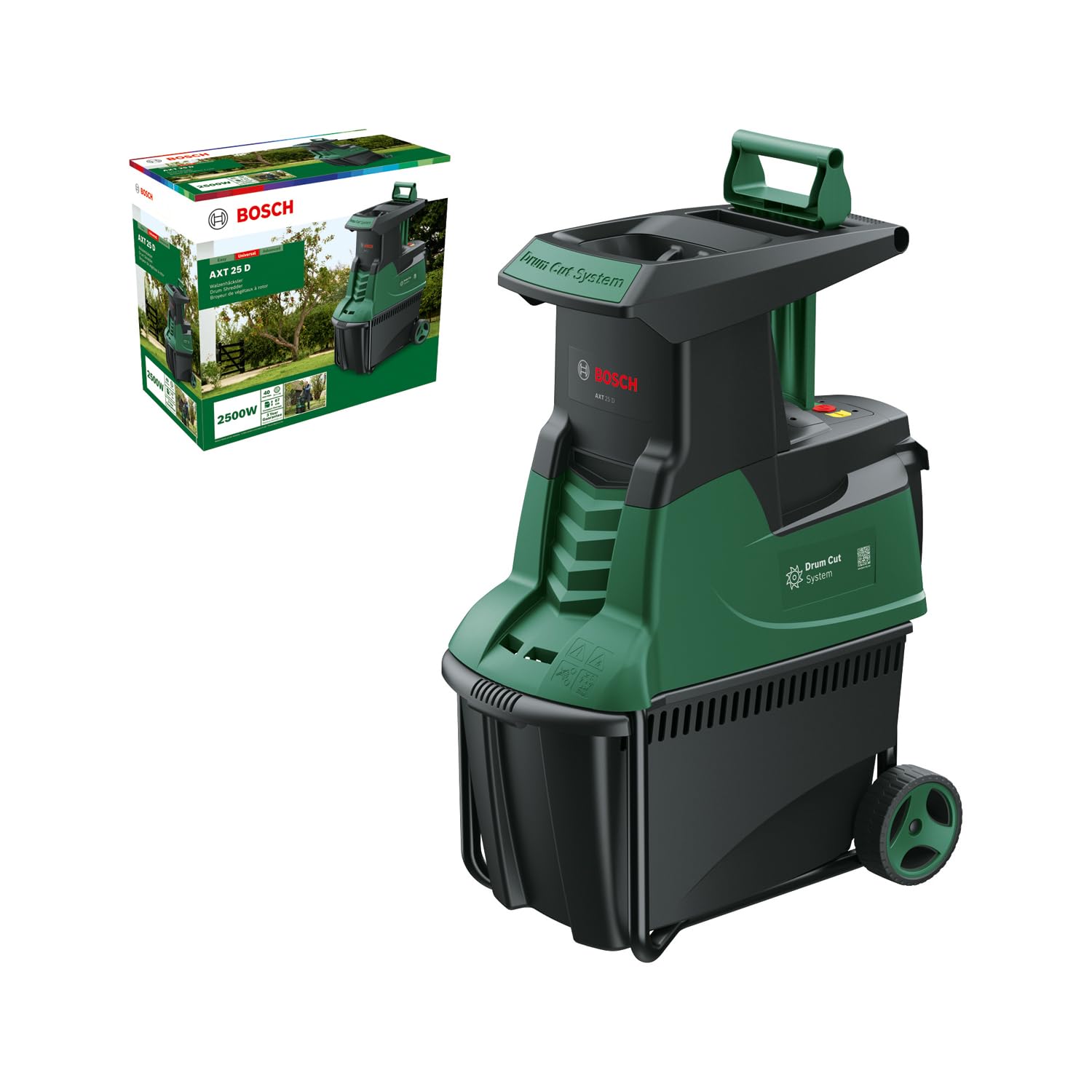 Bosch Broyeur de jardin silencieux - AXT 25 D (2 500 W ; conçu pour le bois et les arbustes épineux ; bac de ramassage intégré de 53 L ; livré dans un carton)