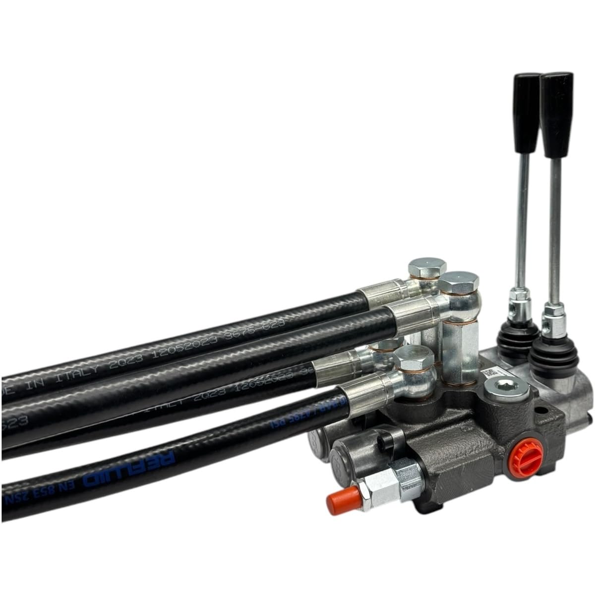 Distributore oleodinamico per trattore 2 leve doppio effetto 3/8" 45 Litri 300 bar completo di tubi e innesti rapidi push pull