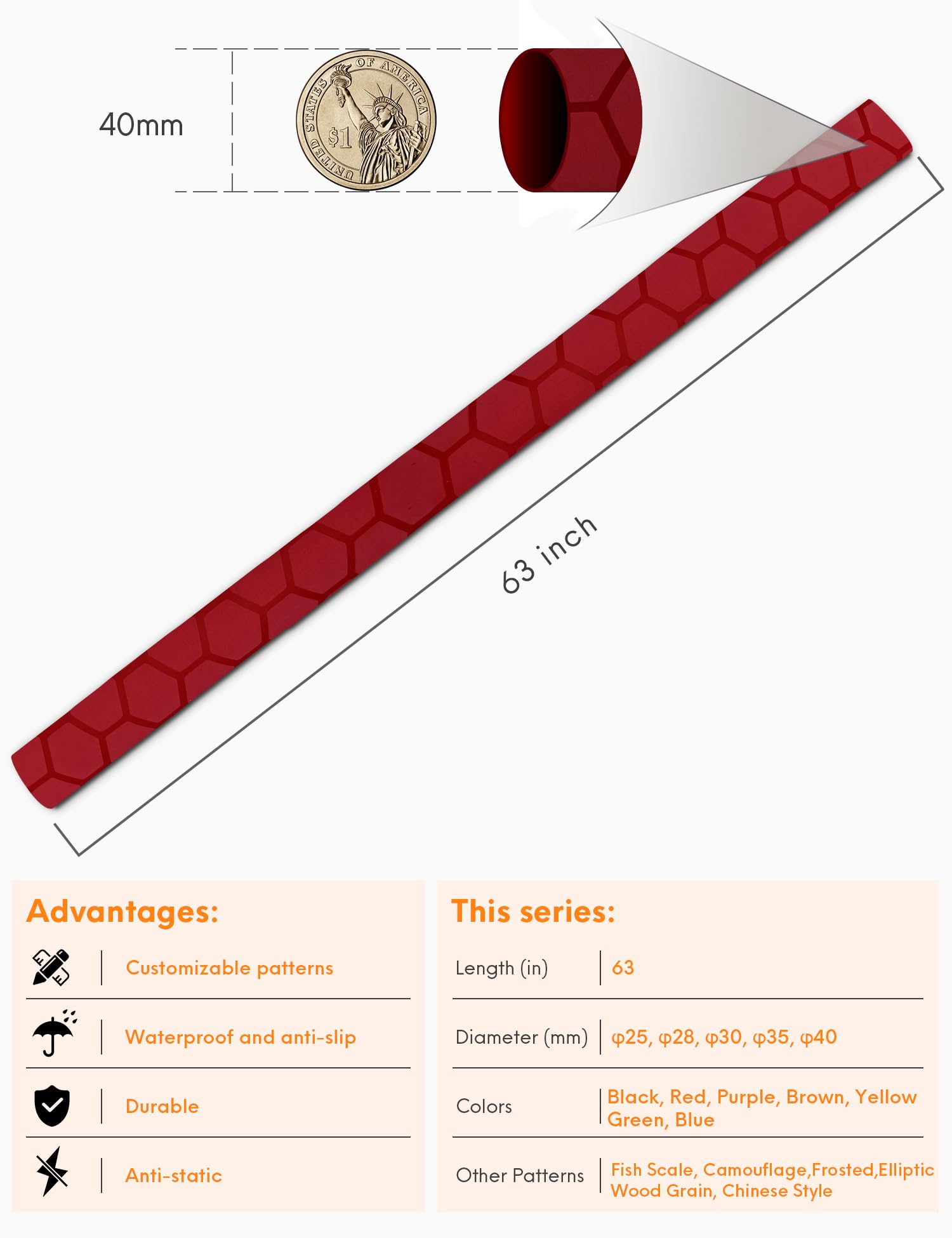 Accering Tube thermorétractable texturé pour canne à pêche et fournitures de cuisine (φ40 mm, longueur : 15 m, rouge)