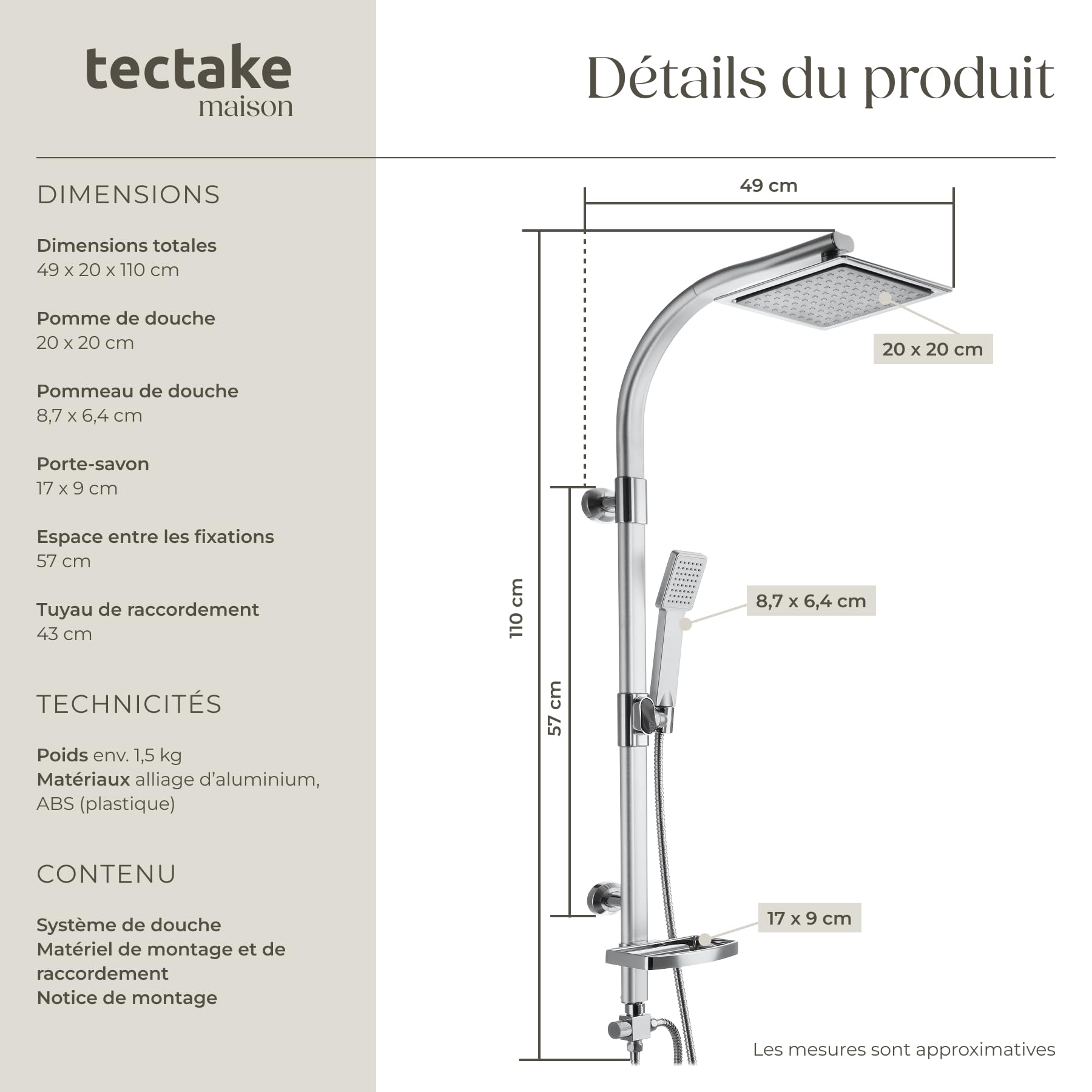 tectake® Colonne de douche 49 x 20 x 110 cm, Colonne salle de bain en Aluminium, Tete de douche et Douchette, Anti calcaire, Pommeau de douche, Effet pluie, Raccordements DIN, Baignoire, Salle de bain