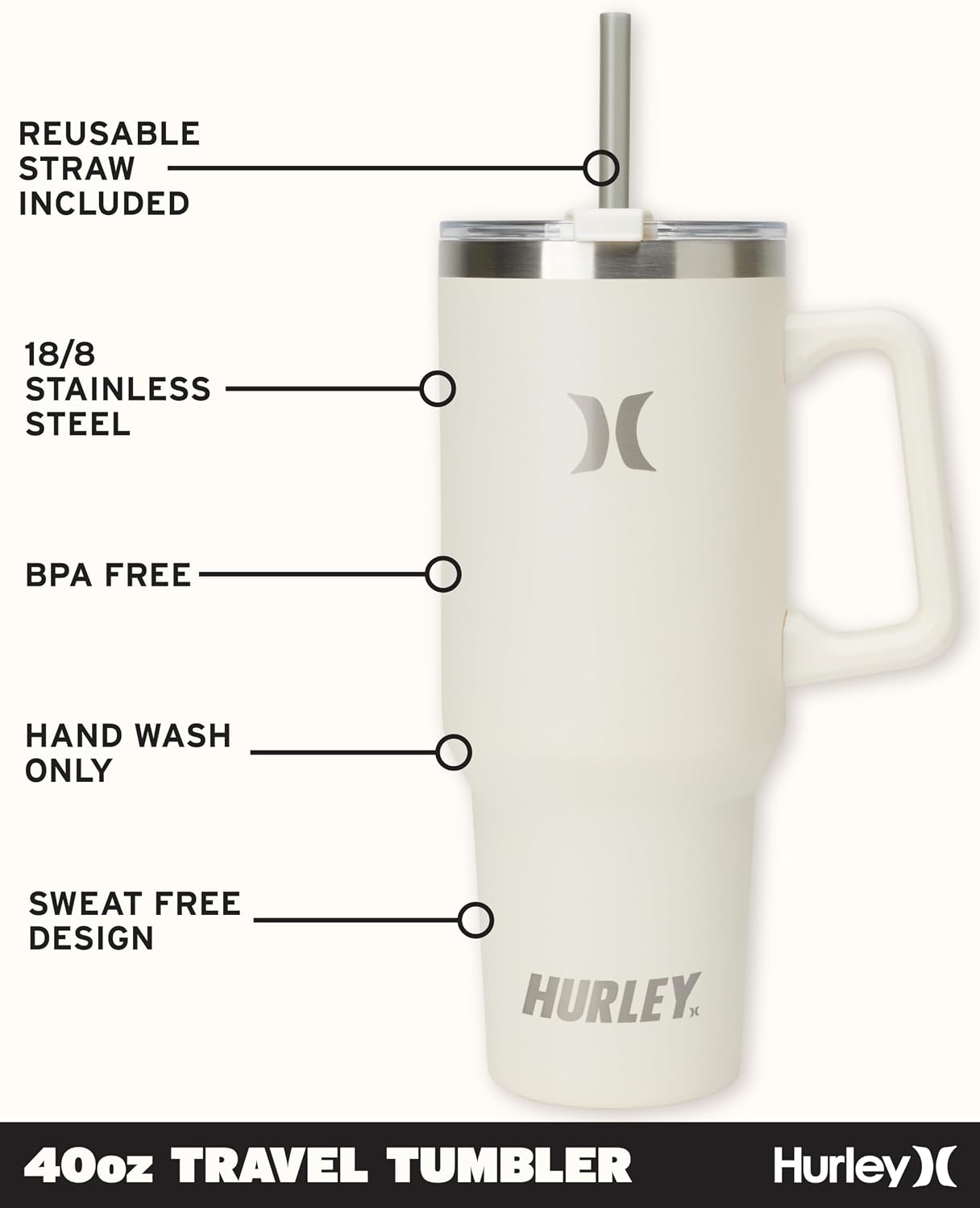 Hurley Tumbler Thermos - 40oz Double Wall Vacuum Insulated Travel Mug with Handle - BPA Free Stainless Steel Water Bottle - Leak Proof Hot and Cold Coffee Car Cup, Size 40 Ounces, Ivory
