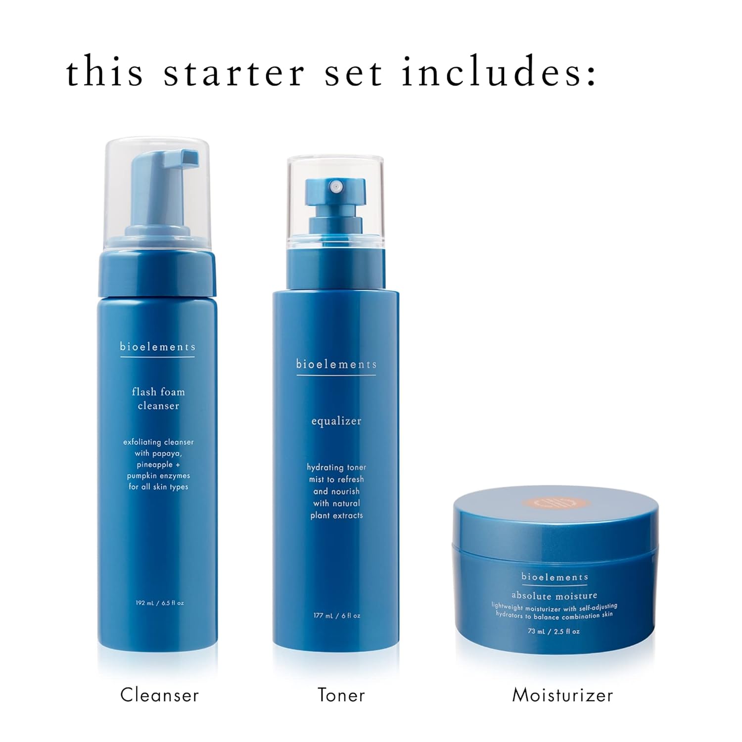 Bioelements 3-Step Starter Set: Combination Skin - Includes Flash Foam Cleanser, Equalizer Toner & Absolute Moisture Moisturizer - Vegan, Gluten Free - Never Tested on Animals