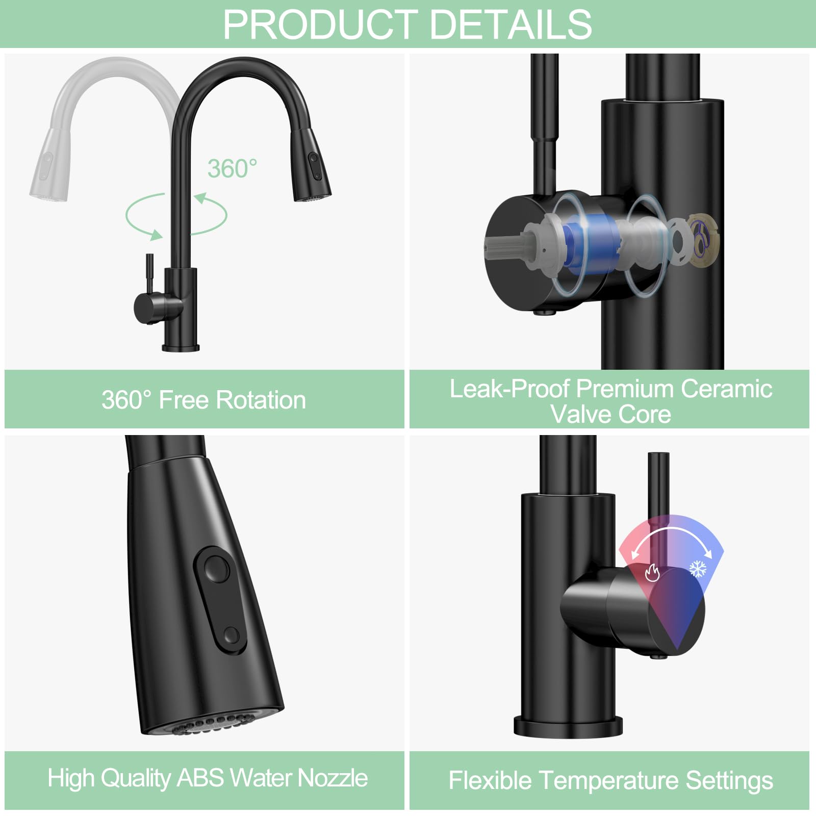 Grifo Cocina Extraible, Grifo Cocina Fregadero Extensible con 2 Modos de Agua Alcachofa Extraíble, Monomando, Giratorio a 360° Torneira Cozinha, Fácil Instalación, Negro