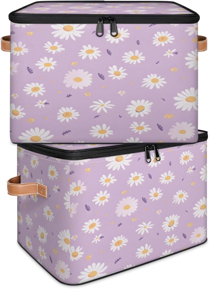 Storage Bin Set of 2 Purple Daisy Storage Basket with Zipper Lid & Handle Foldable Closet Shelf 2 Pack Cloth Organizer Basket Cube Bins Clothes Organizer for Bedroom, Nursery