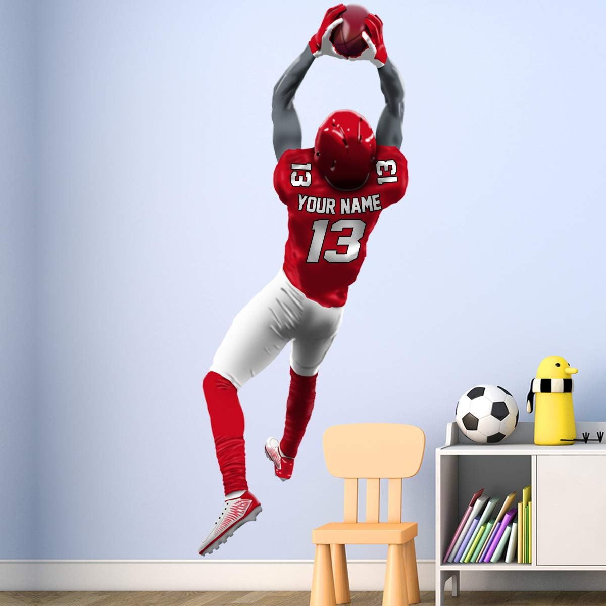 VWAQ Personalized Football Player Wall Decal - Custom Name Sports Wall Sticker Peel and Stick - HOL30 (48" H X 16" W, Red)